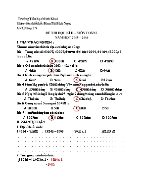 Đề kiểm tra học kì II Toán, Tiếng việt lớp 3 - Năm học 2015-2016 - Đàm Thị Bích Ngọc